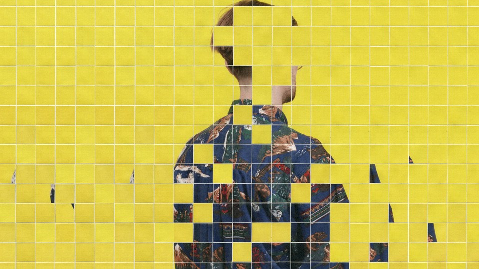 A tiled image of a person with their back turned and head obscured