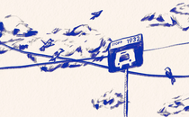 An illustration of birds sitting on wires crossing behind a bus-stop sign, in blue ink on a beige background