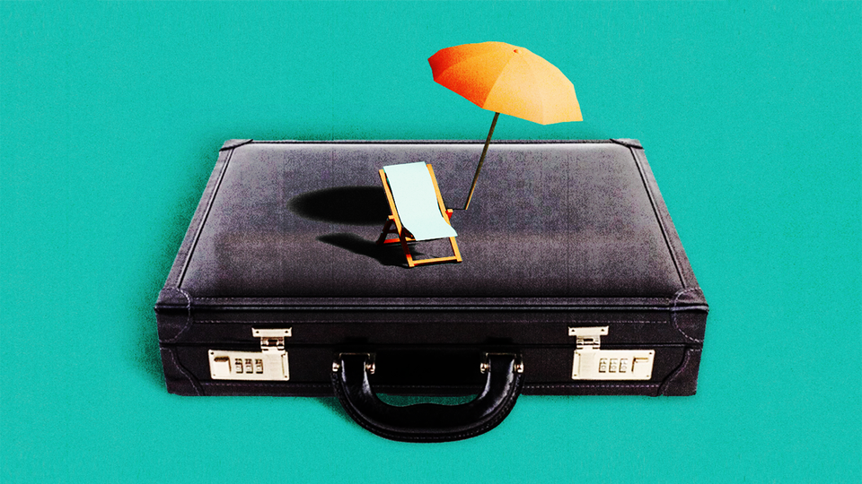 Illustration of a briefcase with an umbrella and a beach chair on top.