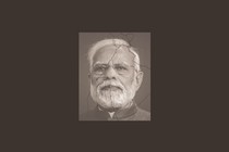 Photo-illustration with black-and-white photo-realistic image of Modi with the outline of India's borders overlaid to look like cracks.