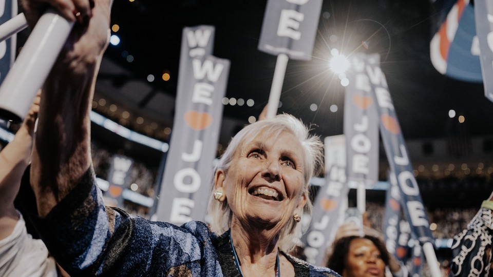 An elderly white woman looking ecstatic at the Democratic National Convention