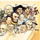 A cartoony illustration of the heads of several presidents, dictators, and other symbols of war and hatred such as the swastika, all emerging from an open book with empty pages