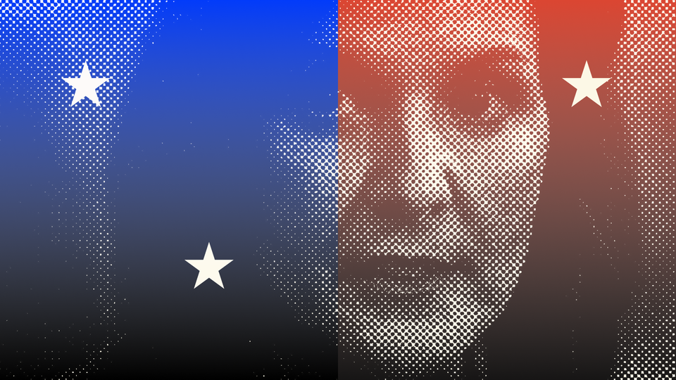 Portrait of Nikki Haley overlaid with red and blue Ben-Day dots and white stars