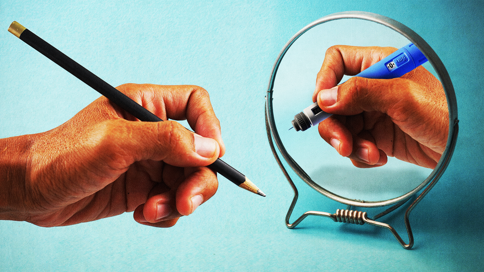 Photo-illustration of a hand holding a pencil, reflected back in a mirror as a hand holding an Ozempic injection pen