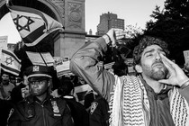 Black-and-white photo of a protest