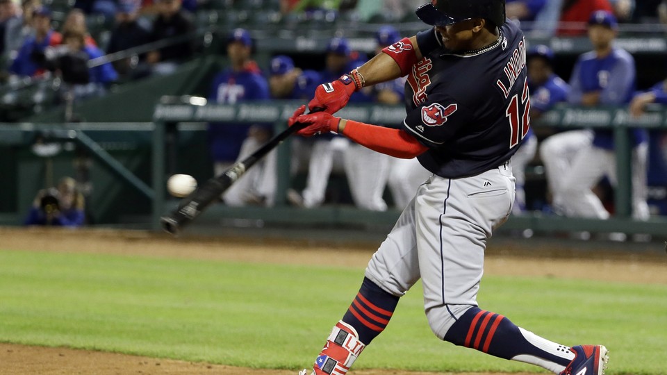 Cleveland Indians Francisco Lindor wears shoes that say Believe Land  after a single against the Cleveland Indians in the first inning of game 2  of the American League Championship Series at Progressive