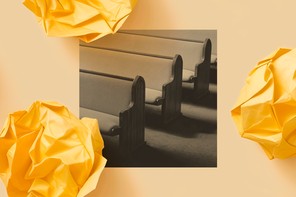 A graphic illustration featuring yellow crumpled-up paper surrounding a black-and-white photo of empty pews casting shadows