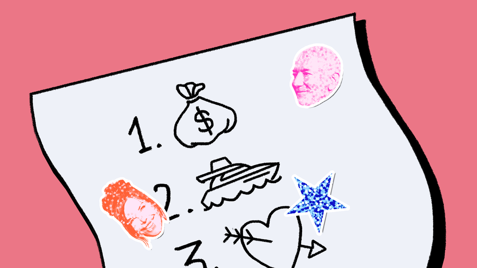 Illustration of Jeff Bezos and Lauren Sánchez Bezos' gratitude list
