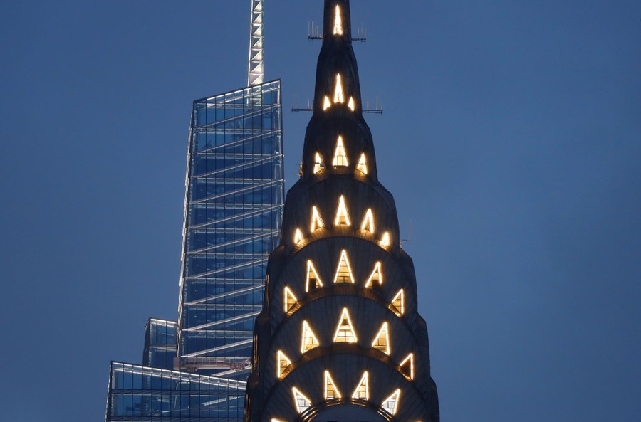 A view of the tops of the Chrysler building and One Vanderbilt