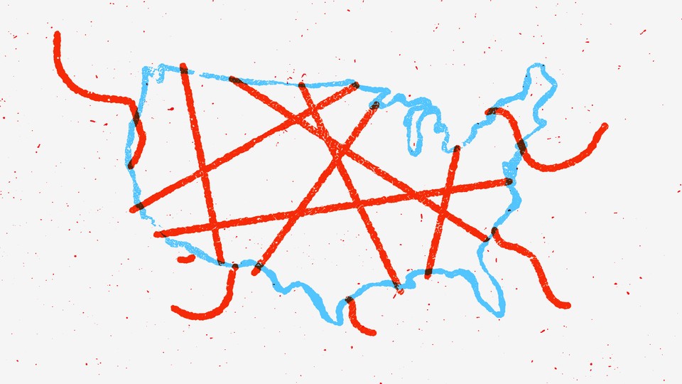 Illustration of the mainland U.S. tangled in red string