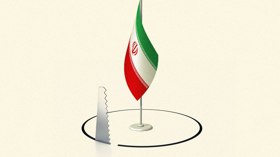 Knife cutting circle around Iranian flag