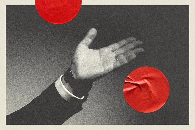 photo illustration of hand out and two red dot stickers