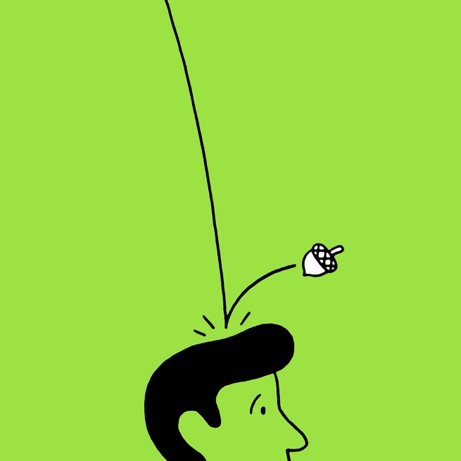 Drawing on bright green background of top of person's head with acorn bouncing off 