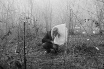 Black-and-white photo of a man trying to protect himself from tear gas among shrubs