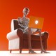 A skeleton sitting on a couch using a laptop, with a red-orange background behind them