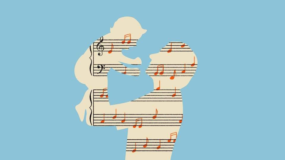 A silhouette of a parent holding up a baby with music notes on the inside and a blue background