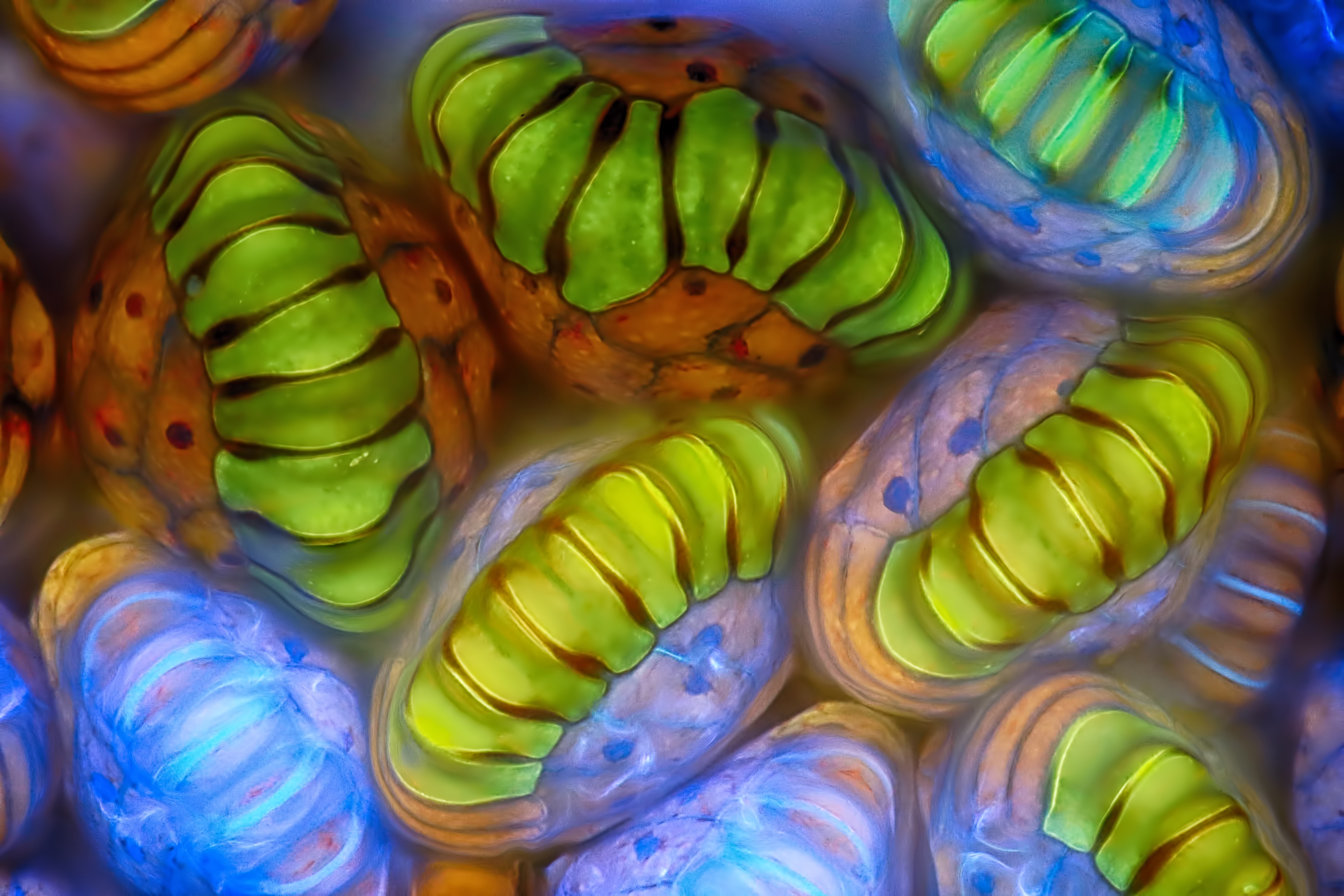 A microscopic view of the spore sacs of a fern, looking almost like green caterpillars wrapped around small walnuts