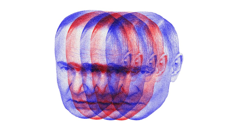 Duplicated images of Vladimir Putin’s face in red and blue