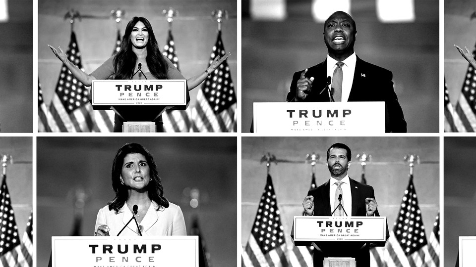 Clockwise from top right: Tim Scott, Donald Trump Jr., Nikki Haley, and Kimberly Guilfoyle speaking at the 2020 RNC.