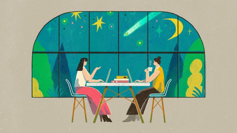 An illustration of two friends talking to each other while working on their laptops.