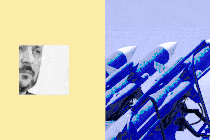 Ukrainian President Volodymyr Zelensky alongside a picture of missiles