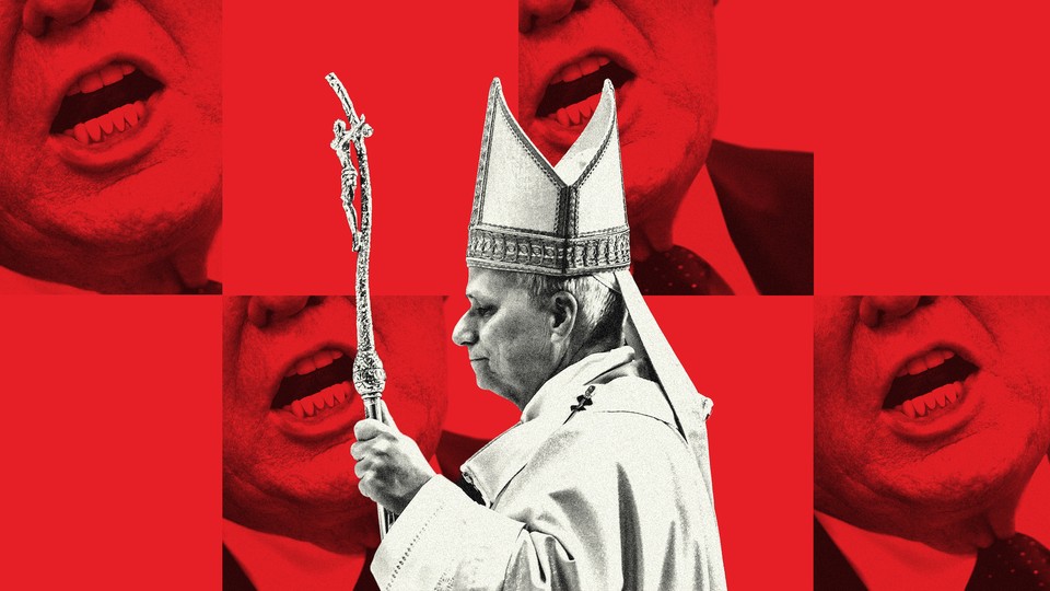 Illustration with black-and-white photograph of Pope Leo’s side profile set to the backdrop of four red-tinted duplicated images of Donald Trump's open mouth