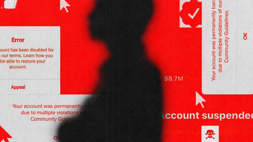 A stylized image of a silhouette in front of a bunch of "account suspended" notices