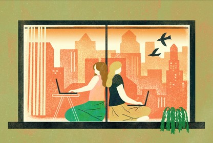 Illustration of two women using laptops sitting back to back in front of a window with a city outside and two birds swooping by the window