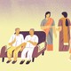 Illustration of two old men sitting on a couch, two women in saris talking, and two young girls wearing backpacks holding hands