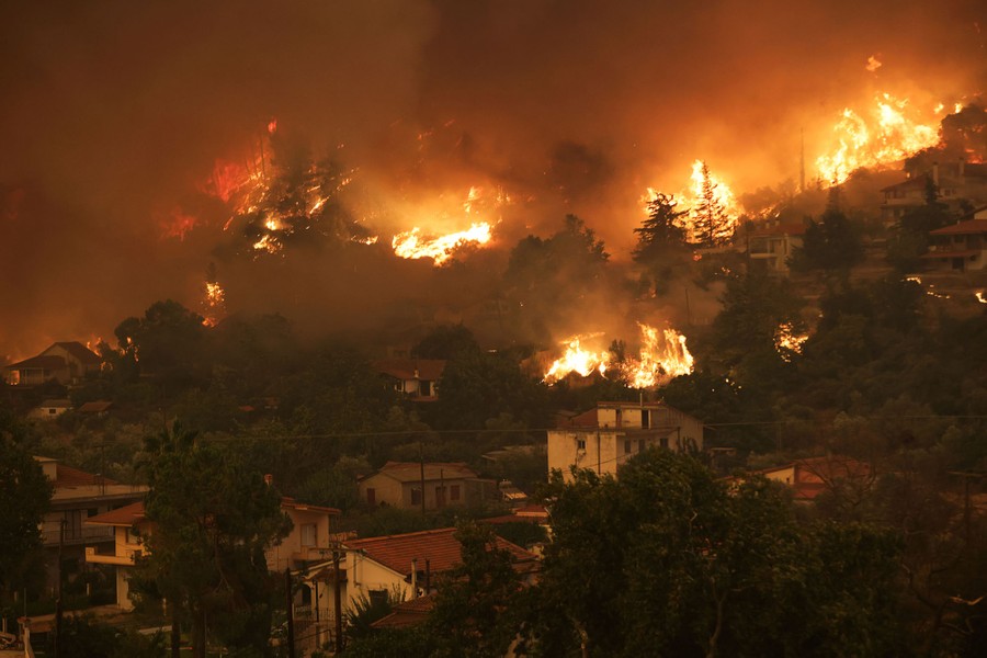 A forested hillside neighborhood burns.