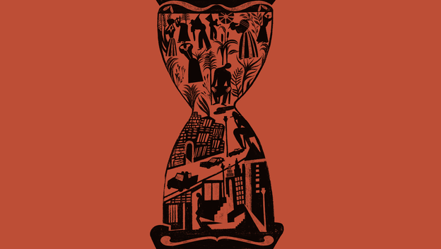 illustration of black hourglass with images of people working in fields at top and street scenes at bottom on red background