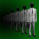 A row of faceless men in gray suits fading into a darkening green background