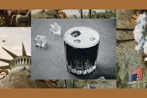 A single cocktail surrounded by ice cubes sits on a table. The image is set into a frame featuring The Experiment’s show art.