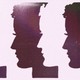 Alternating pink and maroon images of a stylized human head in profile