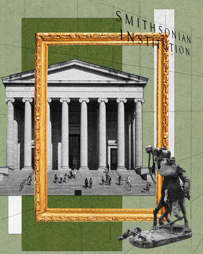 A collage of the Smithsonian, a frame, and a sculpture from the exhibit "Monuments"