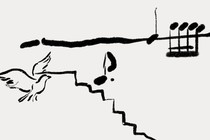 a drawing in black ink of a bird beneath a staircase, with music symbols above