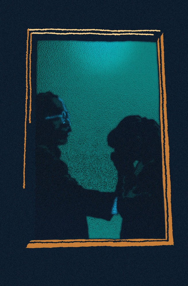 Artwork of the silhouette of a man talking to a crying person behind a blue-greenish window.