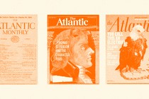 An orange-tinted illustration of three issues of The Atlantic magazine side by side. From L to R: The October 1920 issue, the November 1992 issue, and the October 2012 issue