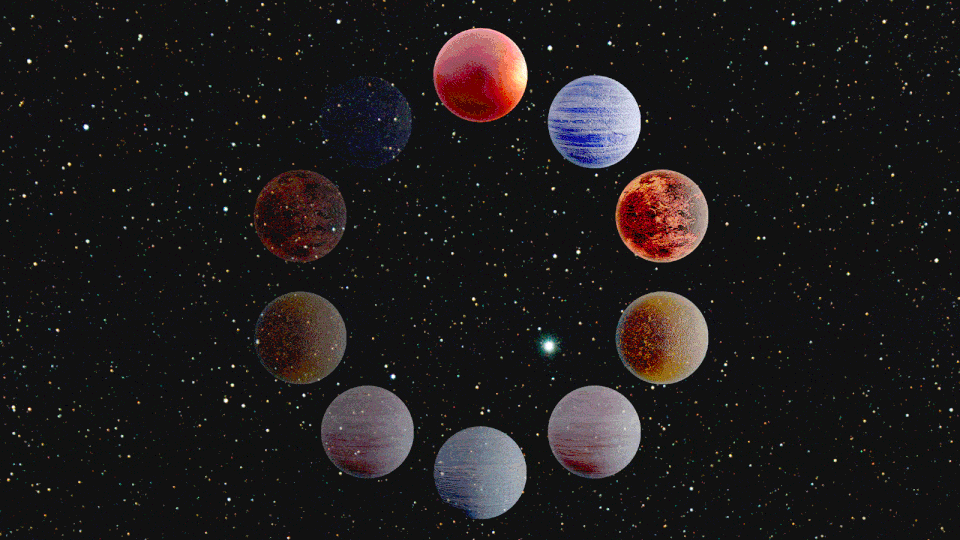 An animation of a ring of colorful planets, blinking in the style of a circular loading icon, set against the star-speckled darkness of space