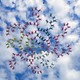 A spiraling skydiving formation against a partly cloudy sky