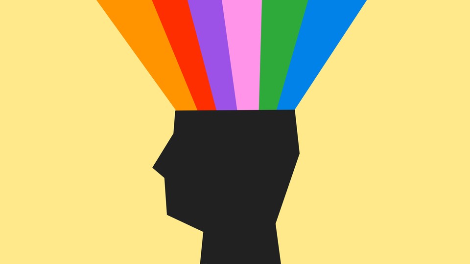 An information rainbow flows out of the silhouette of a head.