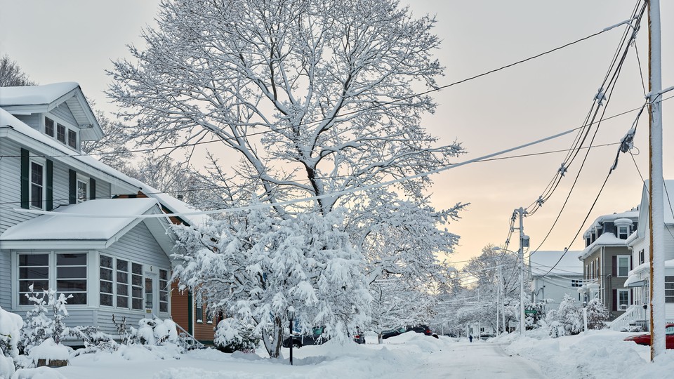 Snow covers houses and trees on a street.