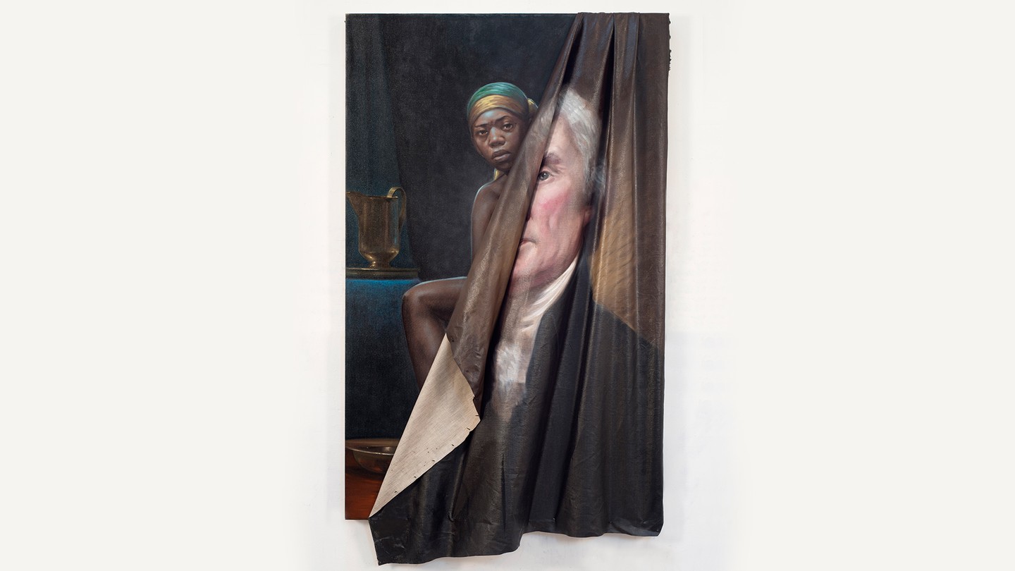 an image of an enslaved person behind a painting of Thomas Jefferson