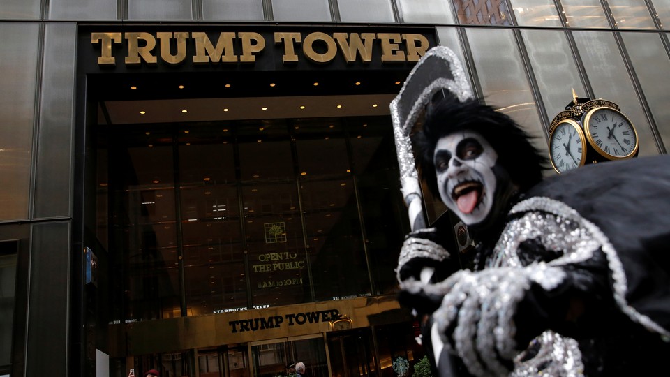 A man in costume in front of Trump Tower