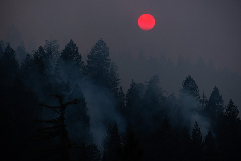 The sun is obscured by smoke over a burning forest. The sun is a mix of bright red and dark orange.
