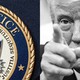 A photo splice of the Justice Department seal (in color) on the left, and a black-and-white photo of Donald Trump pointing at the camera on the right.