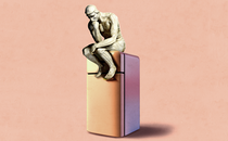 An illustration of Rodin's "The Thinker" statute perched on top of a fridge