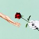 An illustration of a hand reaching out to a robot carrying a rose