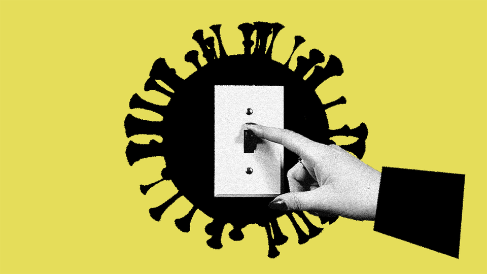 A photo illustration of a black-and-white hand turning off a light switch, which is inside a black image of a coronavirus particle. The image background is yellow.