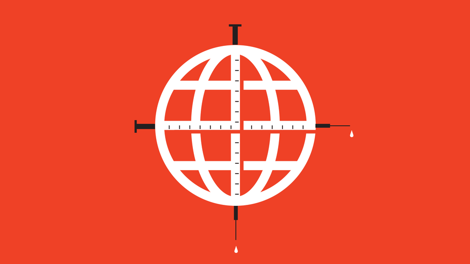 A globe with syringes on both axes